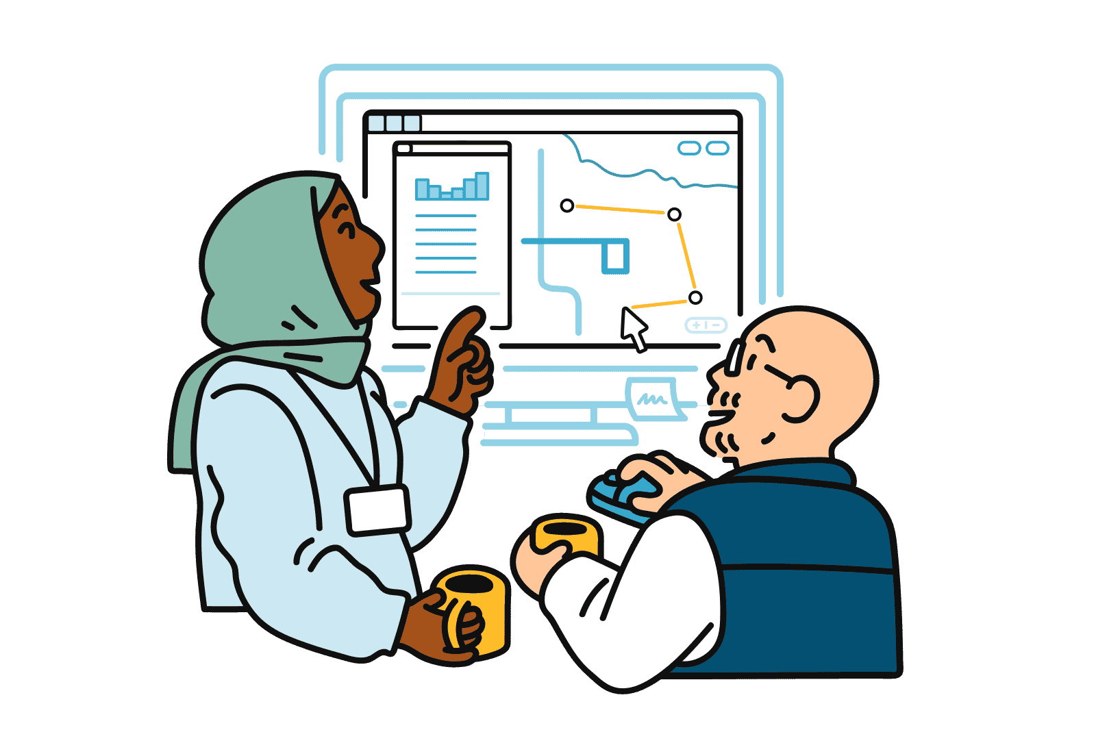 Two transit agency employees adjust a bus route together on a computer.